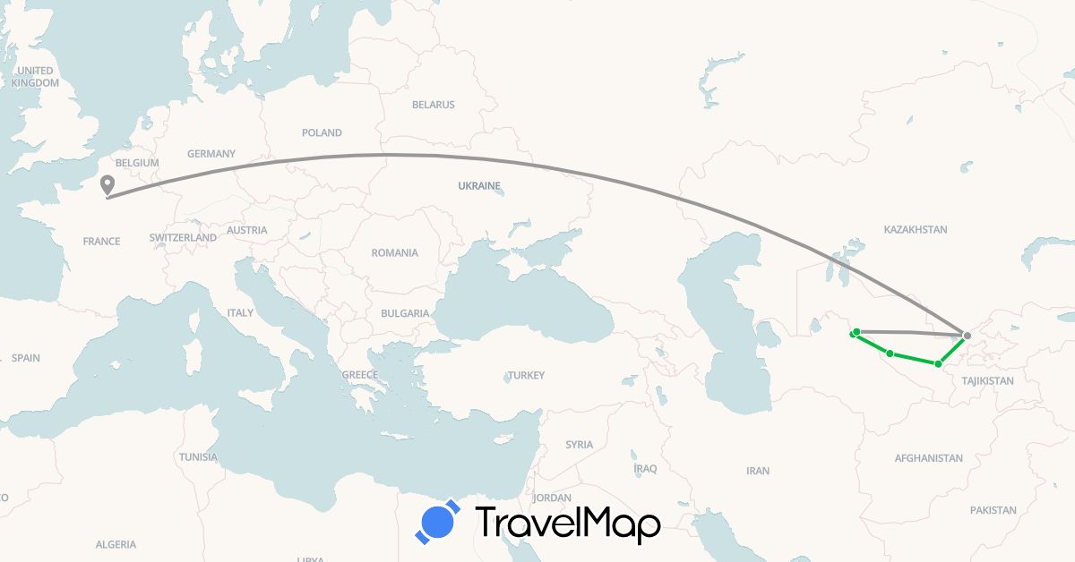 TravelMap itinerary: bus, plane, train in France, Uzbekistan (Asia, Europe)