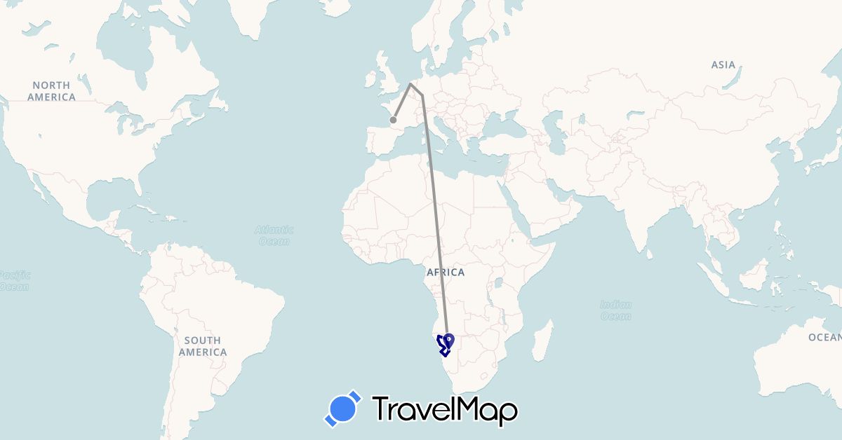 TravelMap itinerary: driving, plane in Germany, France, Namibia, Netherlands (Africa, Europe)